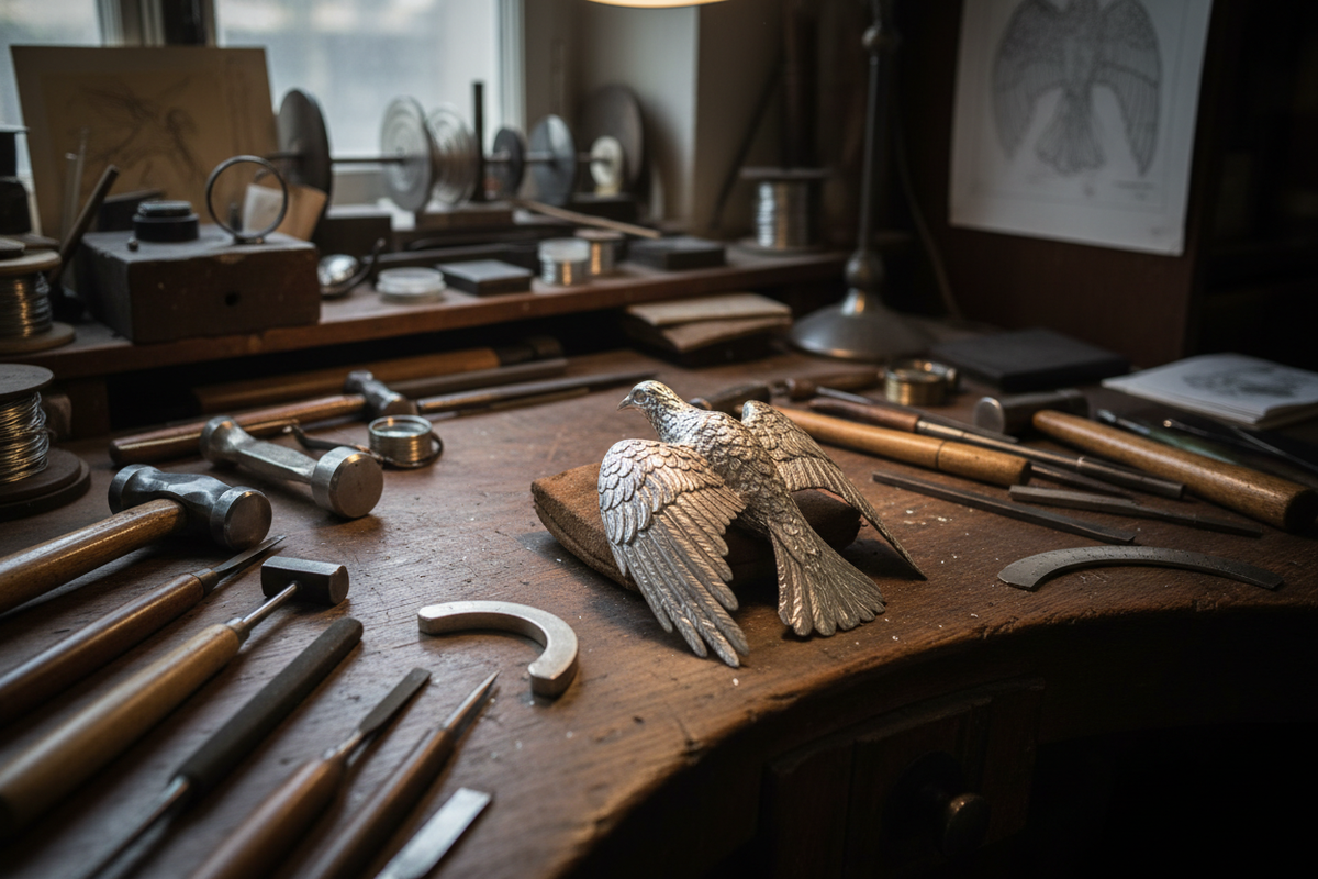 a table where a sculpture of silver ist crafted with according instruments