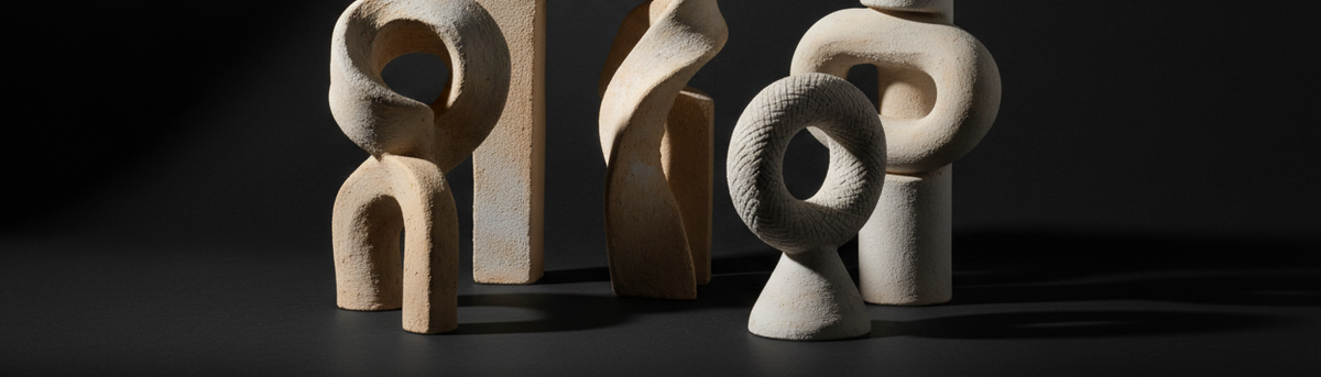 dark background with lighter skulptures that are handcrafted and abstract, not figurative
